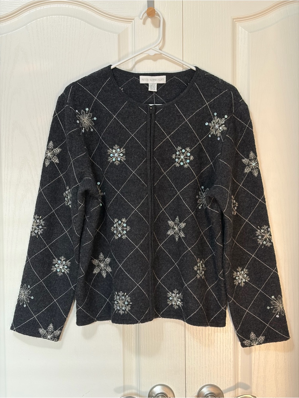 NWT VTG Petite Sophisticate Snowflake Diamond Pattern Wool Cardigan Sweater Gray